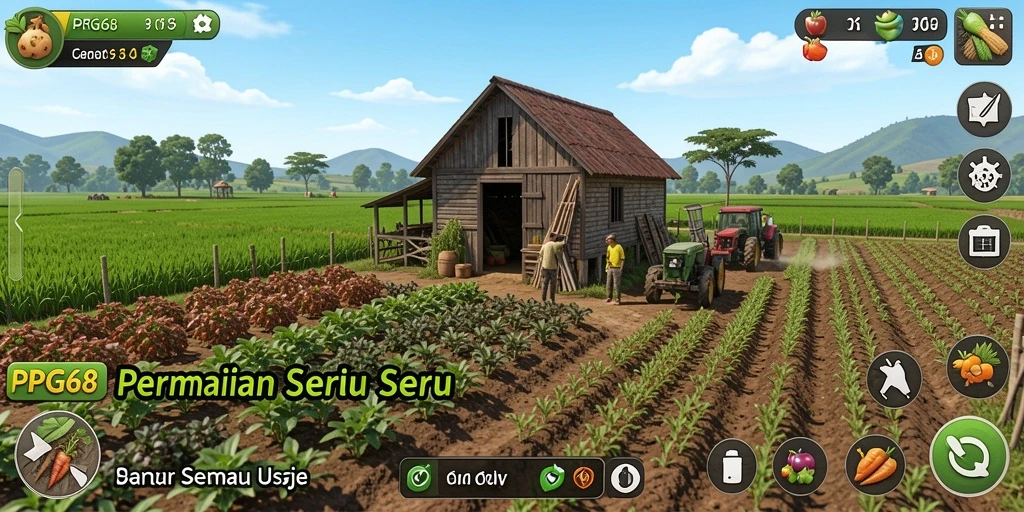 Screenshot gameplay PGG68 menampilkan pemandangan ladang yang hijau dan subur.